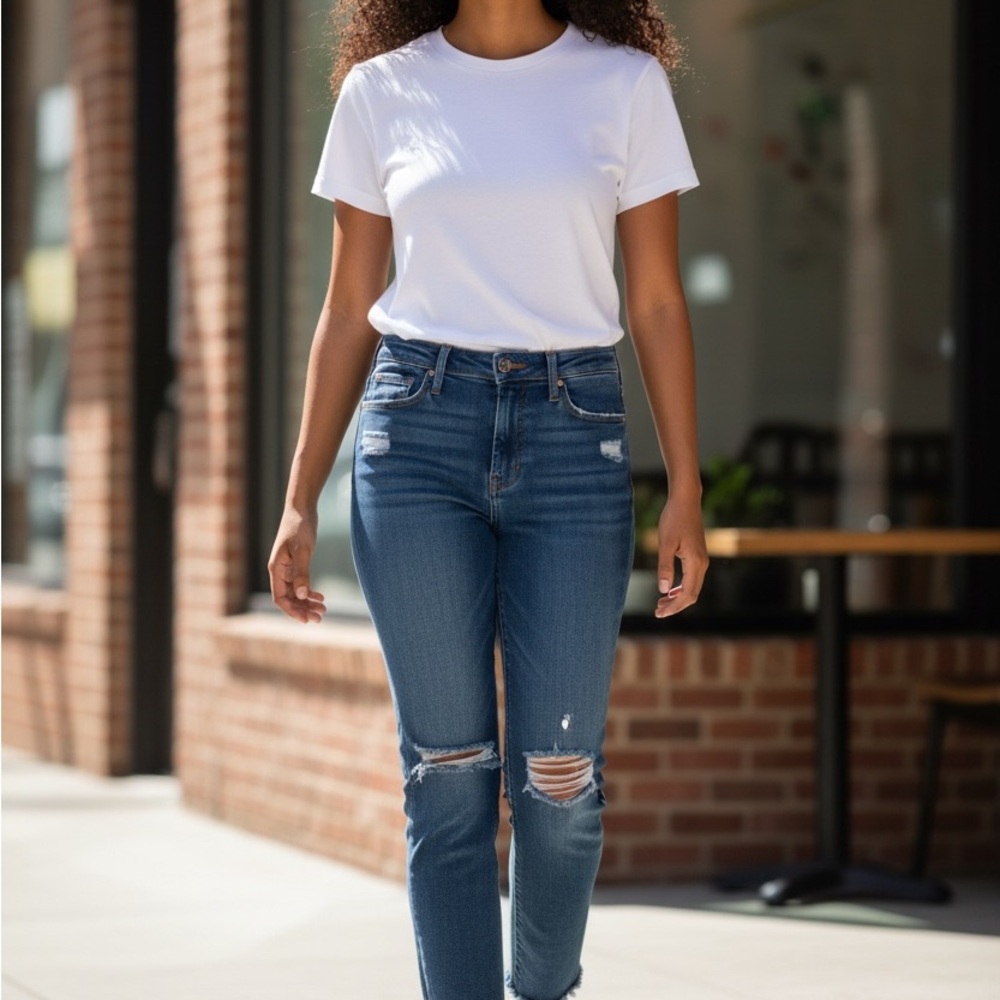 7 For All Mankind Women's Medium Blue Distressed Skinny Jeans